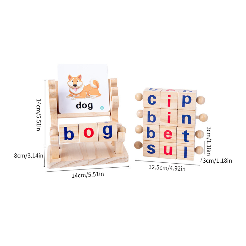 Wooden spelling game for kids, featuring letter blocks and picture cards, ideal for preschool educational play.