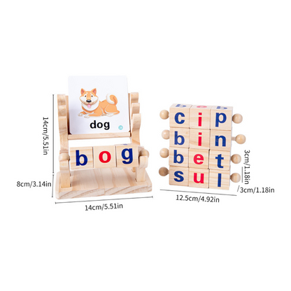 Wooden spelling game for kids, featuring letter blocks and picture cards, ideal for preschool educational play.
