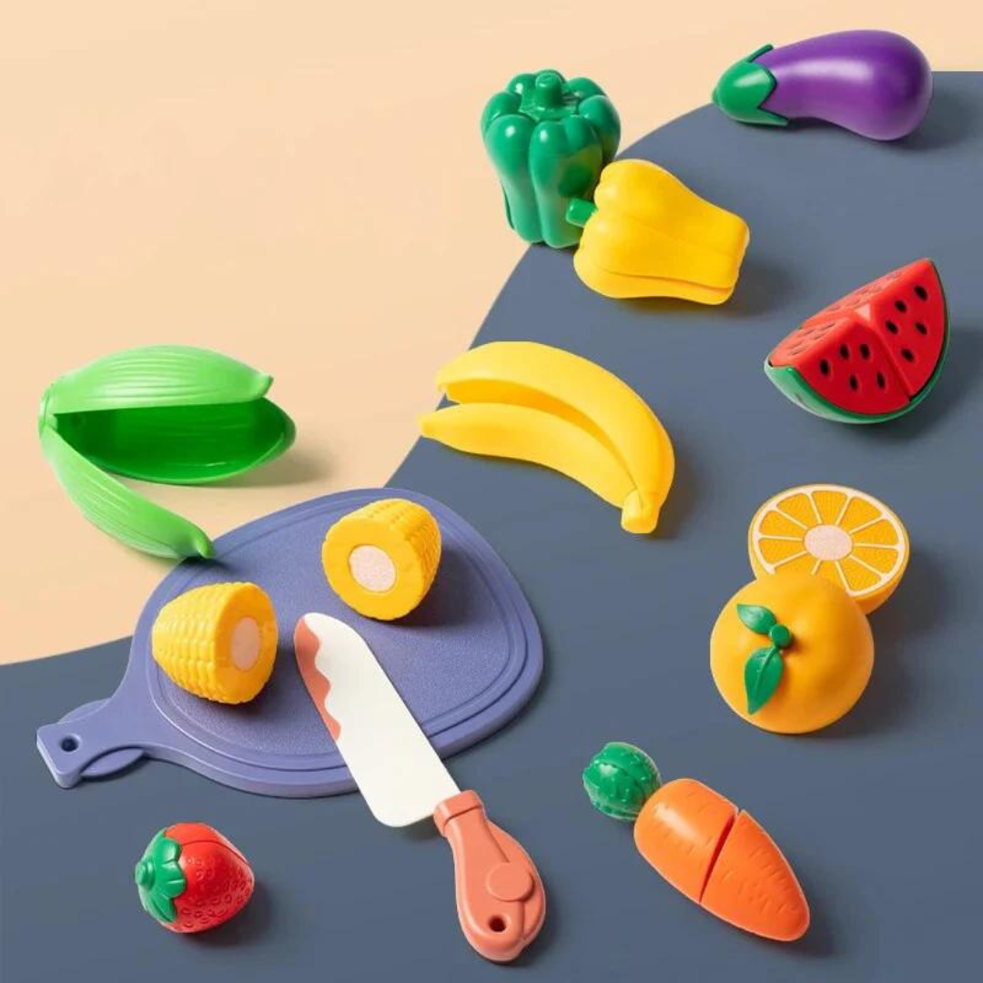 Kids' Montessori pretend play fruit cutting set with wooden knife for educational toddler skill development