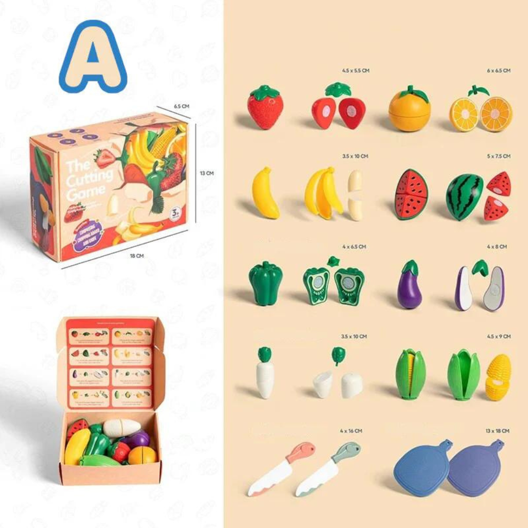 Close-up of a child's hands cutting a wooden banana from a Montessori fruit play set