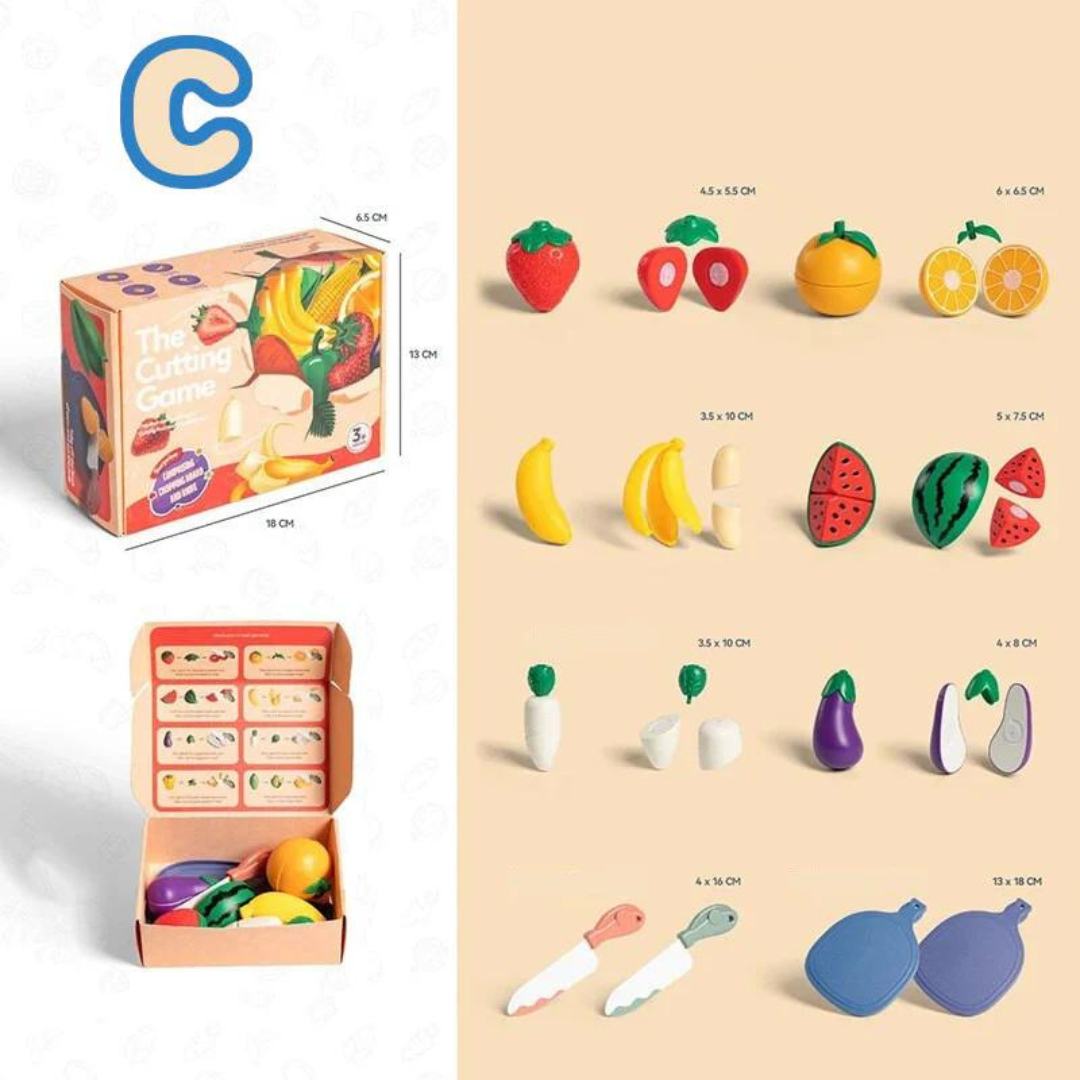 Variety of wooden fruits with hook and loop fasteners from a kids' pretend play cutting set