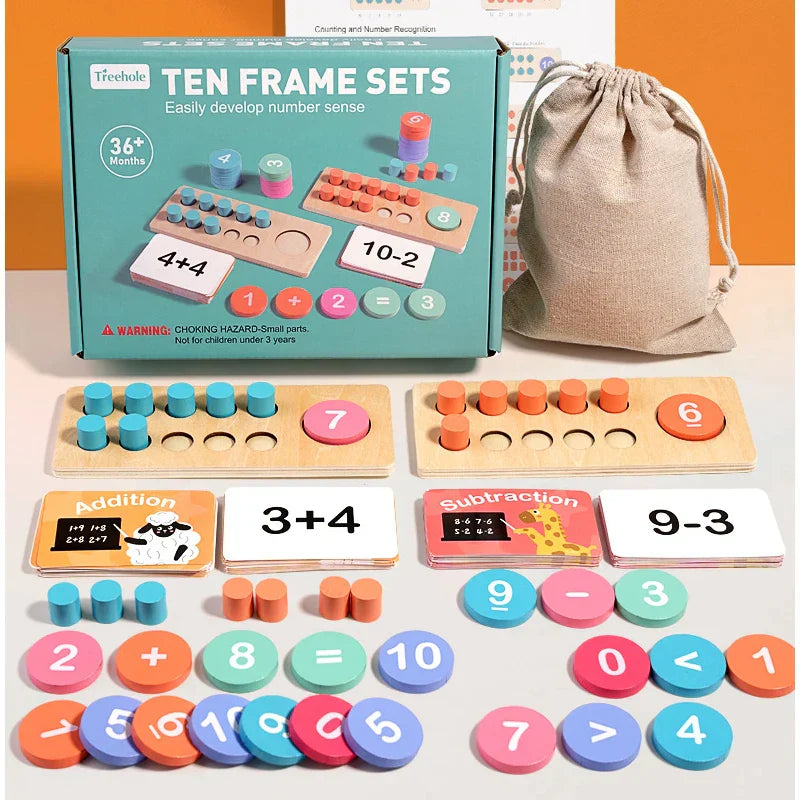 Kids' Montessori wooden math set with colorful numbers & shapes for early education & cognitive development.
