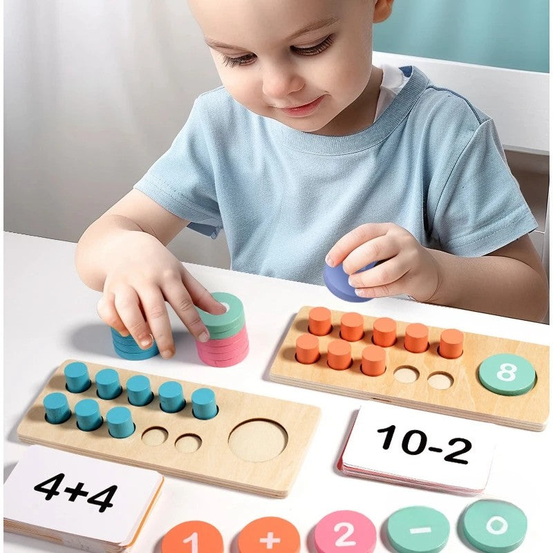 Preschooler playing with a wooden STEM math set, learning to count & solve problems through fun activities.