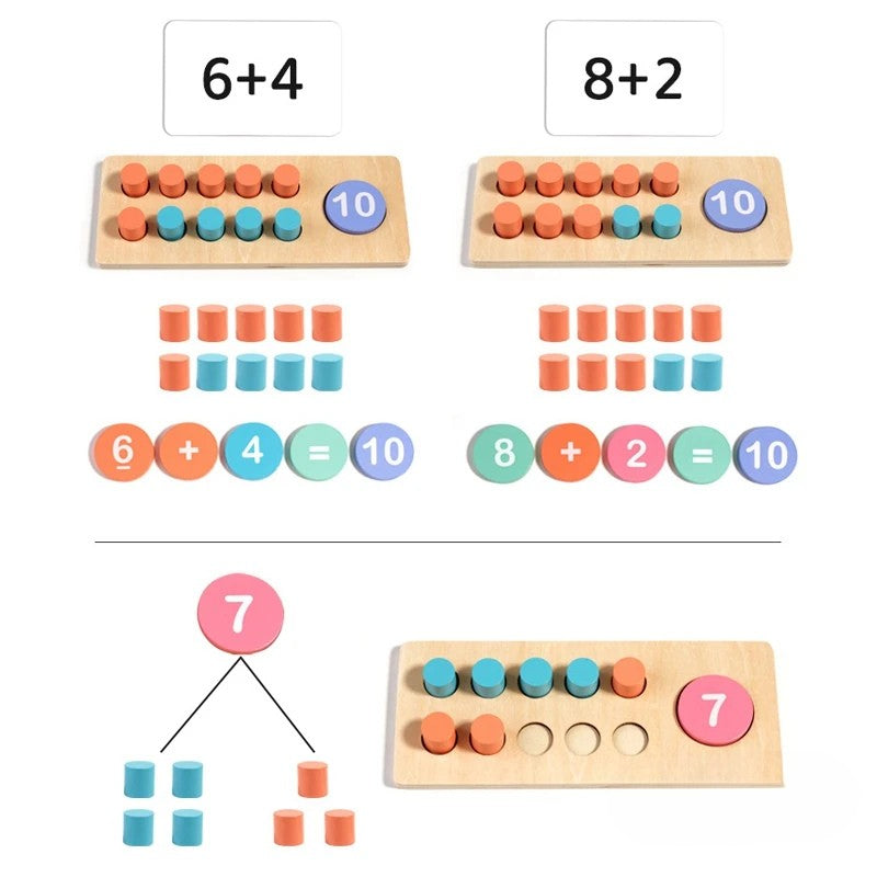 Wooden math learning game with various geometric shapes & number tiles, great for early education.