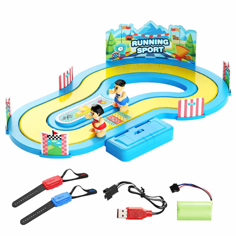 Close-up of a child's hands on motion controllers for a screen-based racing game.
