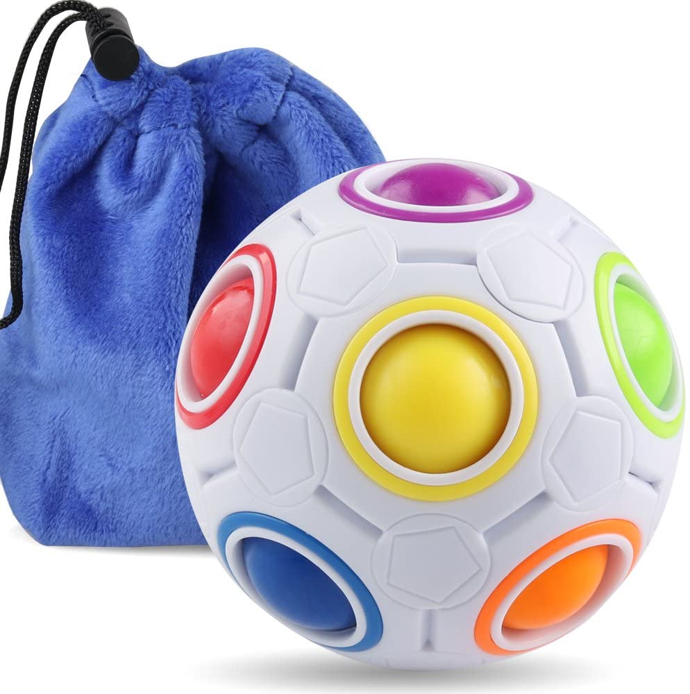 Close-up of a kids' travel-friendly sensory puzzle ball, showcasing its unique brain-teasing design