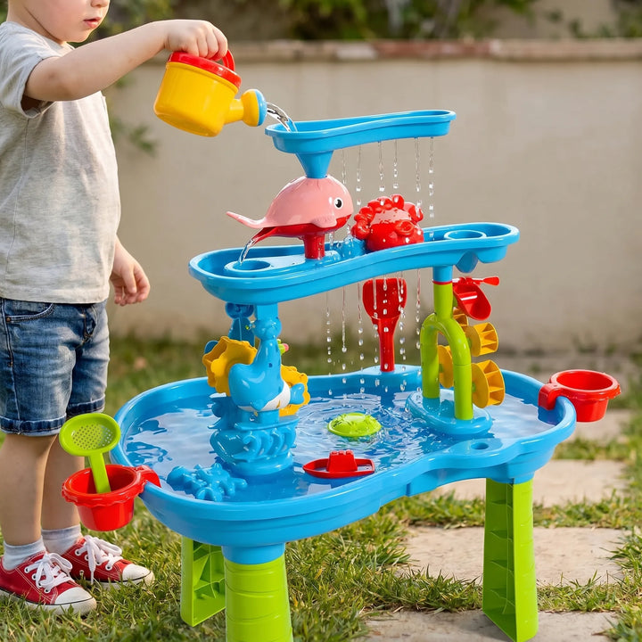 Kids' multi-level outdoor sensory play table for water & sand. Engaging toddler activity, perfect for backyard fun.