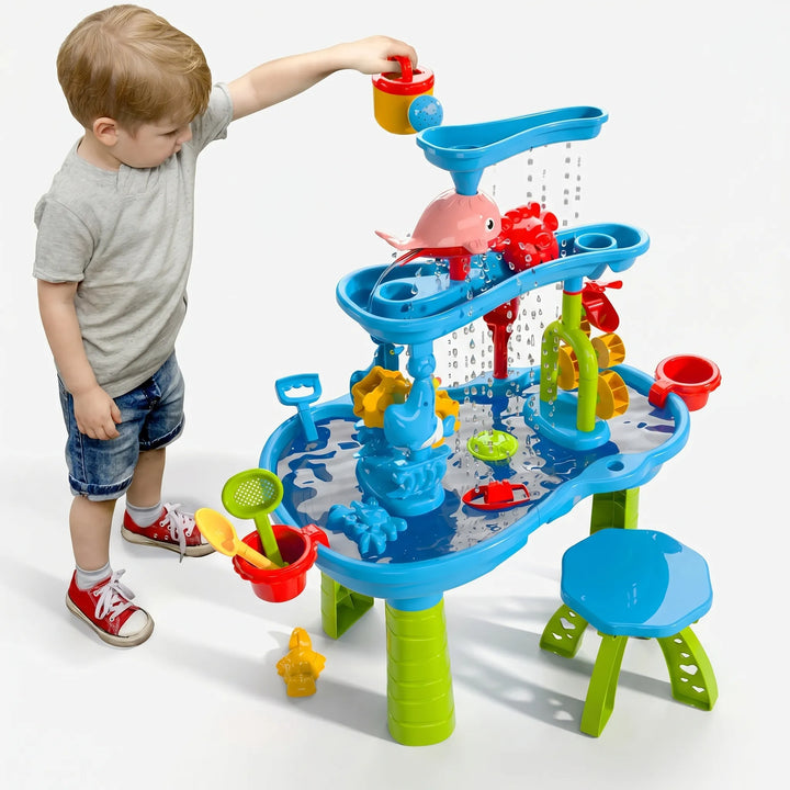 Vibrant children's outdoor water table. Features multiple basins for wet & dry sensory play, ideal for preschool learning.