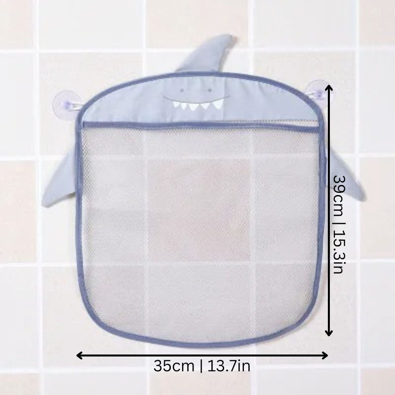 Child-safe bathroom mesh toy storage bag for bathtime, keeping toys dry and organized on tiles