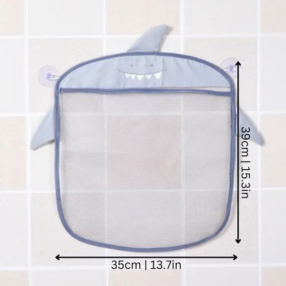 Child-safe bathroom mesh toy storage bag for bathtime, keeping toys dry and organized on tiles
