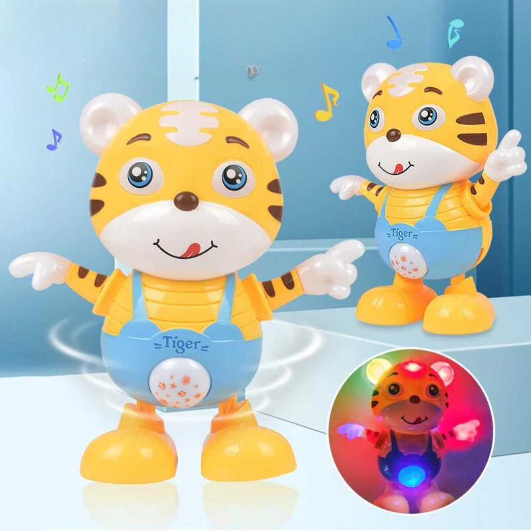 Kids' musical dancing tiger robot toy, orange and black, with LED lights and movement, for ages 3+