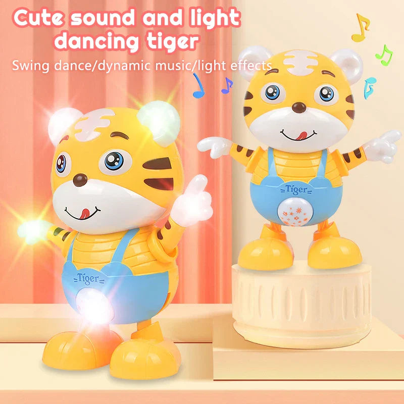 Close-up of a kids' musical tiger robot toy, showing intricate details, vibrant colors, and speaker