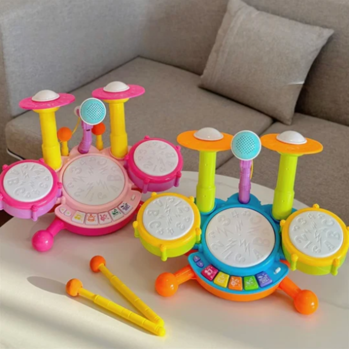 Kids Musical Drum Kit with Microphone and Lights, red and blue, for toddlers learning rhythm