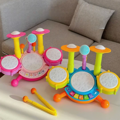 Kids Musical Drum Kit with Microphone and Lights, red and blue, for toddlers learning rhythm