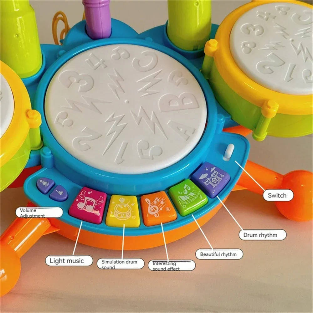 Toddler playing Kids Musical Drum Kit with Microphone and Lights, an educational toy for child development