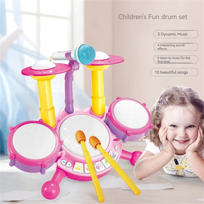 Child having fun with red Kids Musical Drum Kit, microphone, and lights, a great pretend play toy