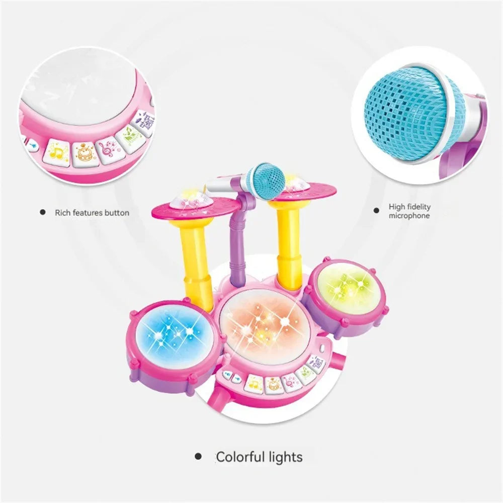 Kids Musical Drum Kit with Microphone and Lights in a playroom, perfect for young children's musical exploration