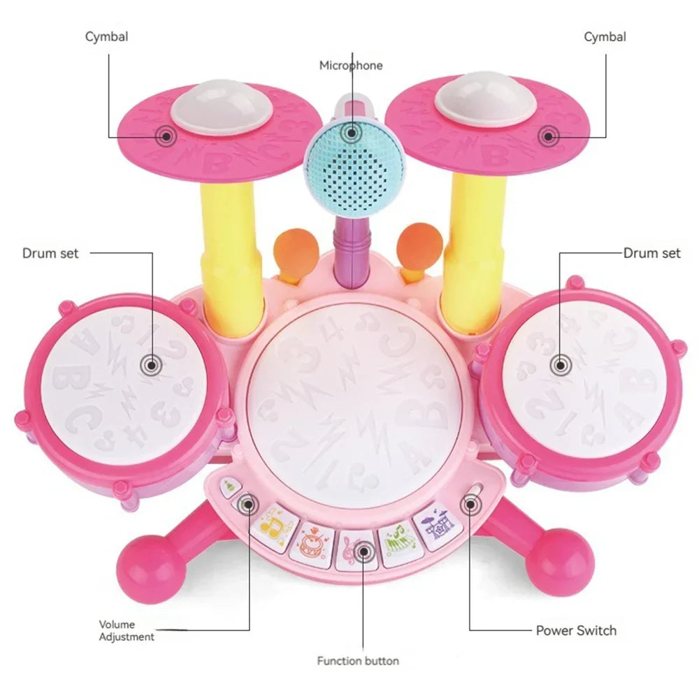 Overview of the Kids Musical Drum Kit, a complete drum set with integrated microphone and flashing lights