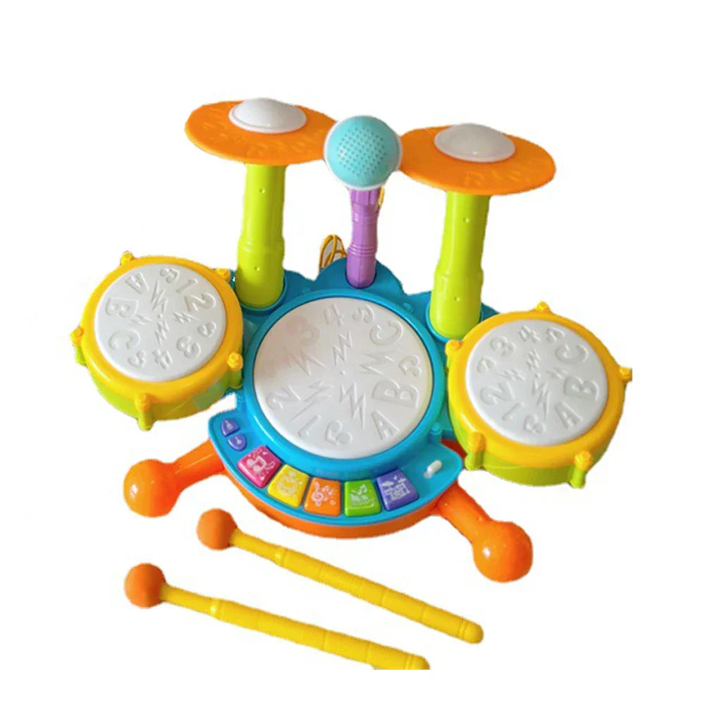 Happy child singing into the microphone of Kids Musical Drum Kit, an interactive learning toy