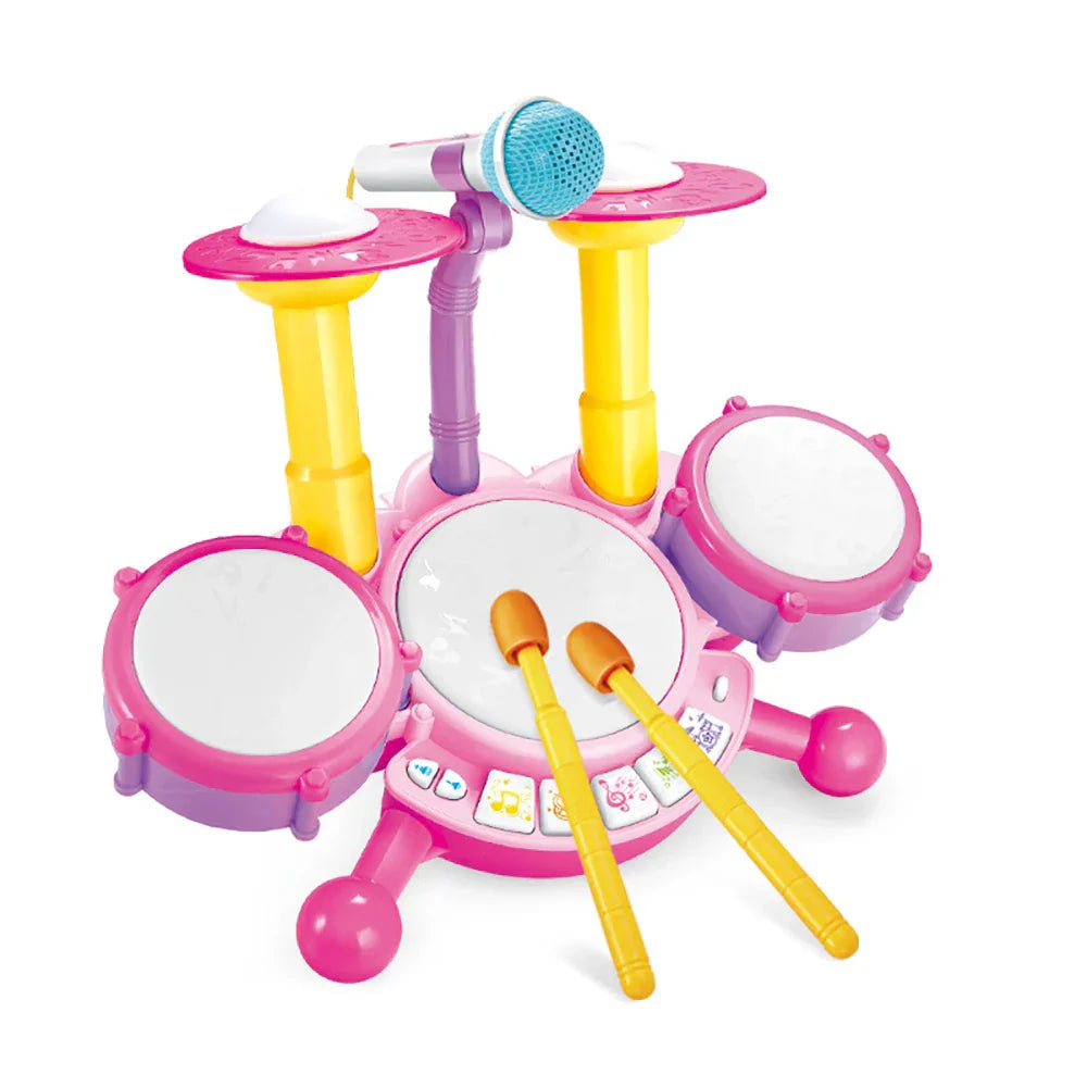 Kids Musical Drum Kit, featuring vibrant colors, drums, cymbals, and a microphone, for rhythm and play