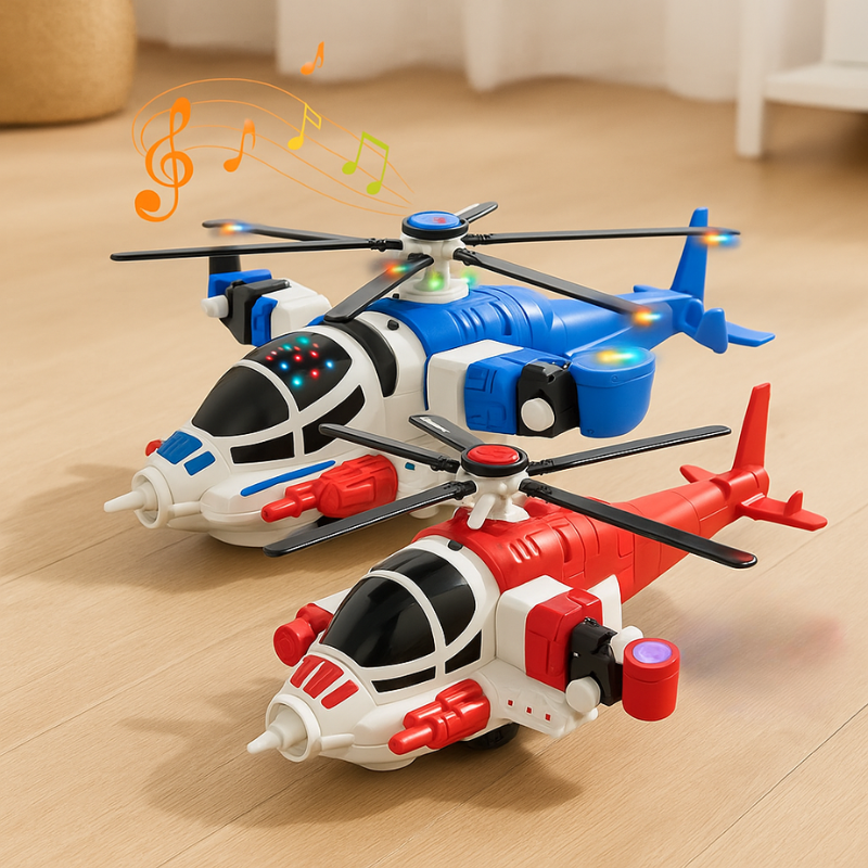 Kids' musical helicopter toy with colorful lights and spinning rotor, engaging toddler play and STEM learning
