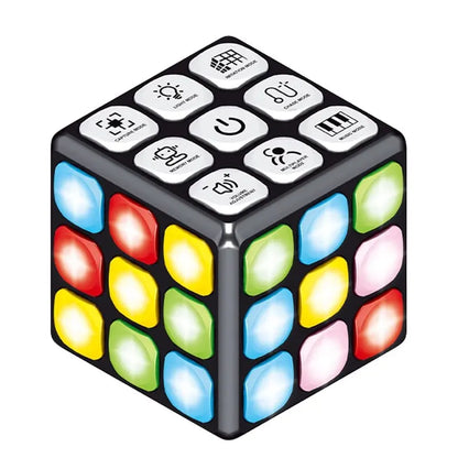 Kids' musical light-up educational play cube with gears, buttons, and animal sounds for learning fun.