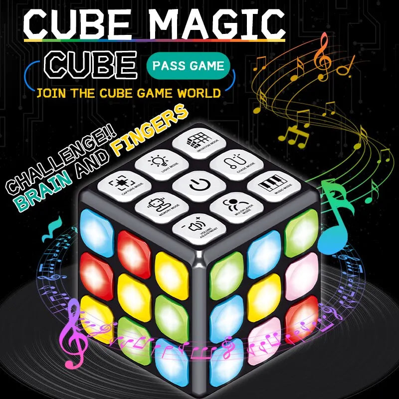 Educational play cube for kids featuring a light-up drum, musical keyboard, and shape sorter activity.