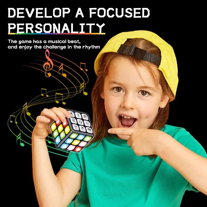 Toddler learning cube with flashing lights, music, and various sensory activities for early development.