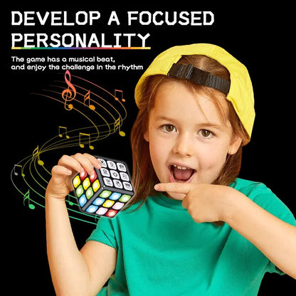 Toddler learning cube with flashing lights, music, and various sensory activities for early development.