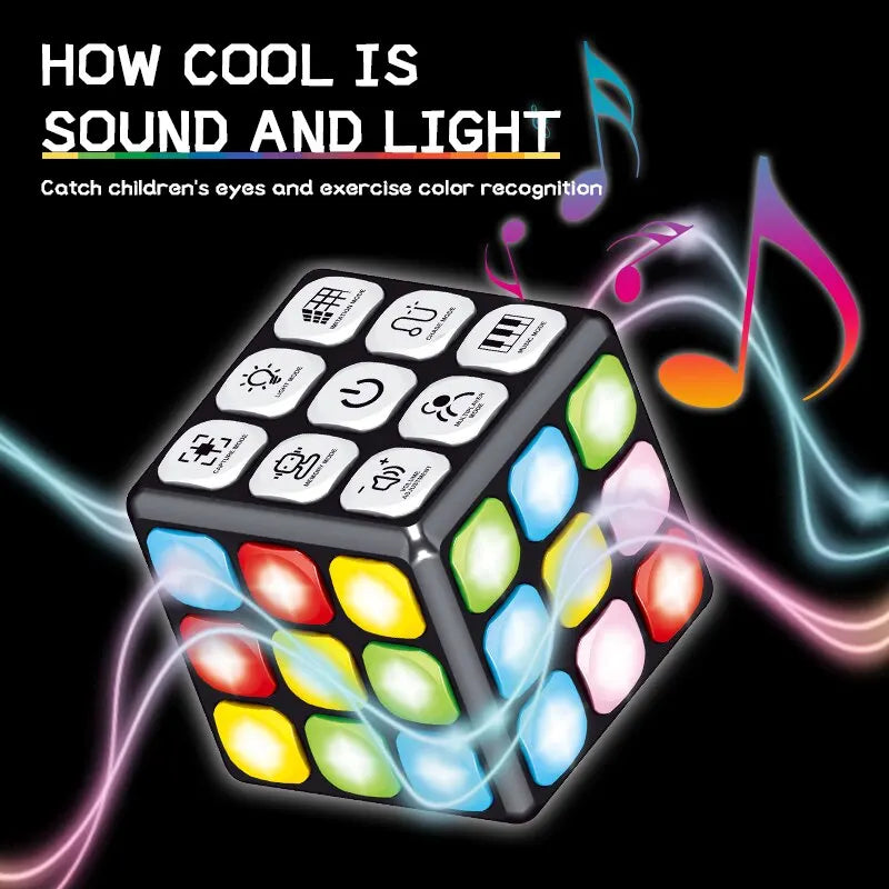 Kids' interactive play cube, a perfect gift, enhances problem solving and motor skills with sounds and lights.