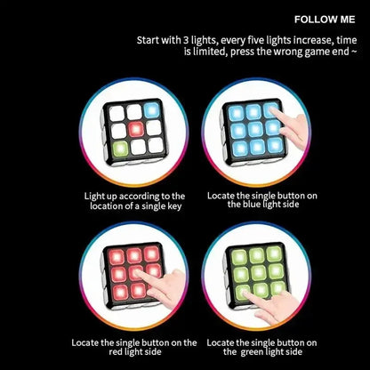 Close-up of kids' educational play cube showing a shape sorter and musical light-up function for learning.