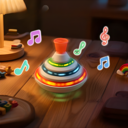 Kids' musical light-up spinning top, a vibrant sensory toy for toddlers, perfect for engaging coordination and play.