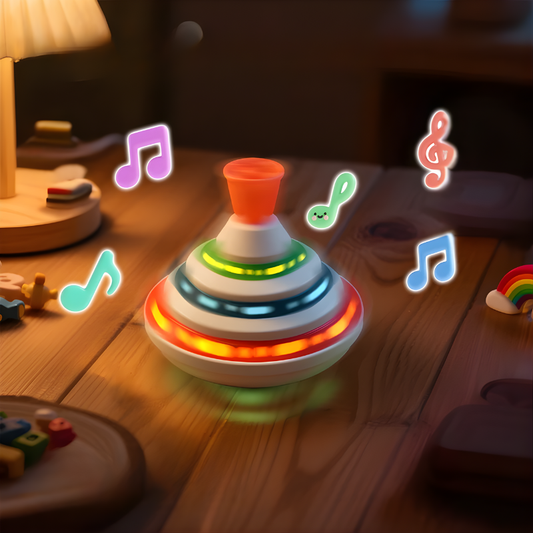 Kids' musical light-up spinning top, a vibrant sensory toy for toddlers, perfect for engaging coordination and play.