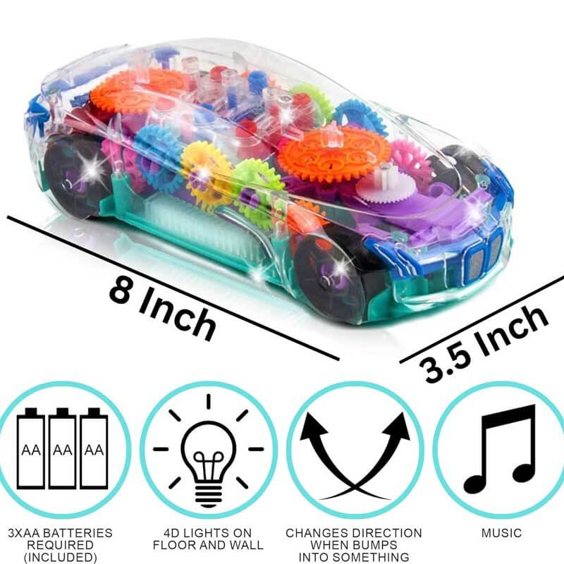 Toddler's educational light-up car toy, revealing colorful moving gears through its transparent body.