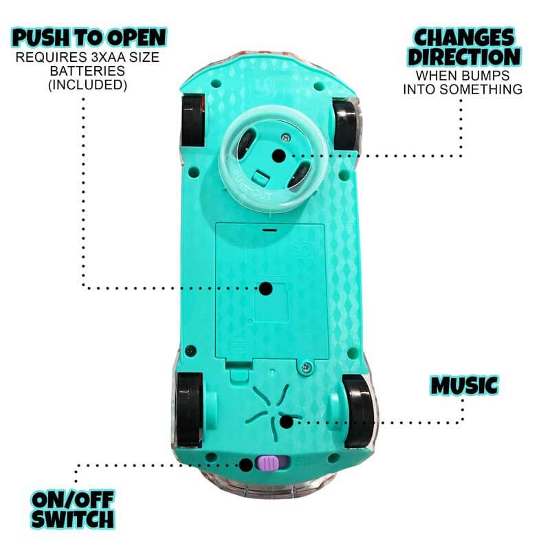Children's musical toy car, transparent design with intricate gears, perfect for active play and learning.
