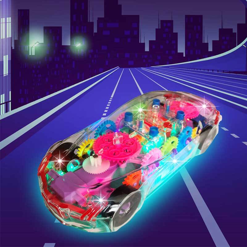 Activity toy: a transparent kids' car with flashing lights, musical features, and visible educational gears.