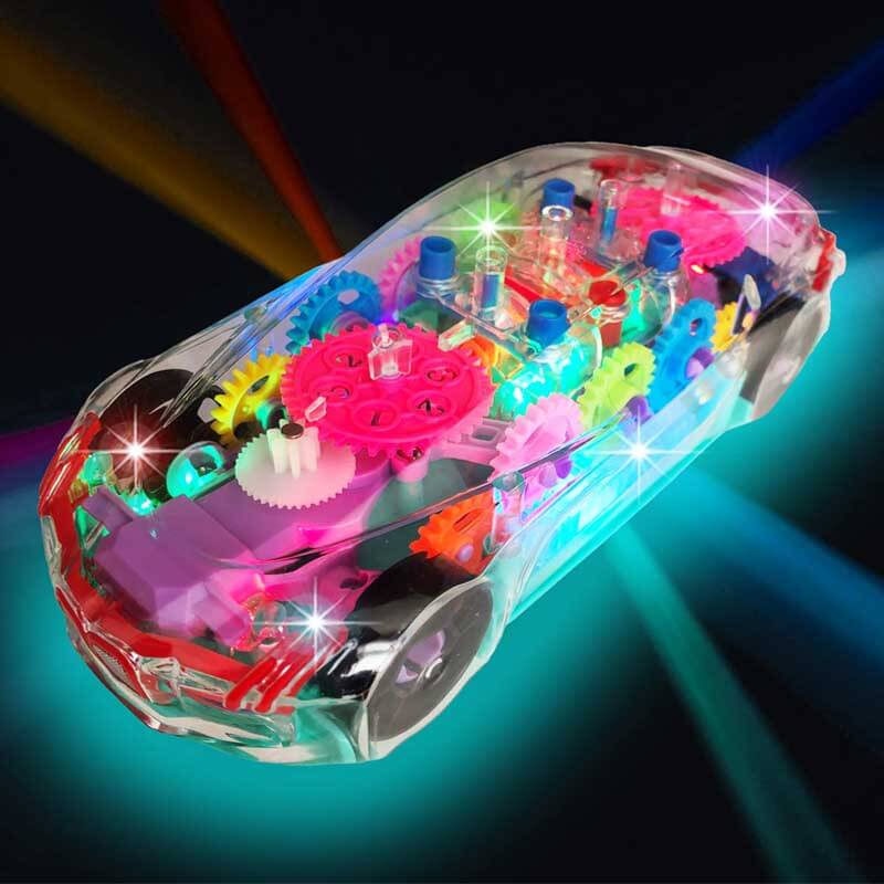 Light-up 'bump and go' toy car for kids, featuring a transparent design to explore the internal gears.