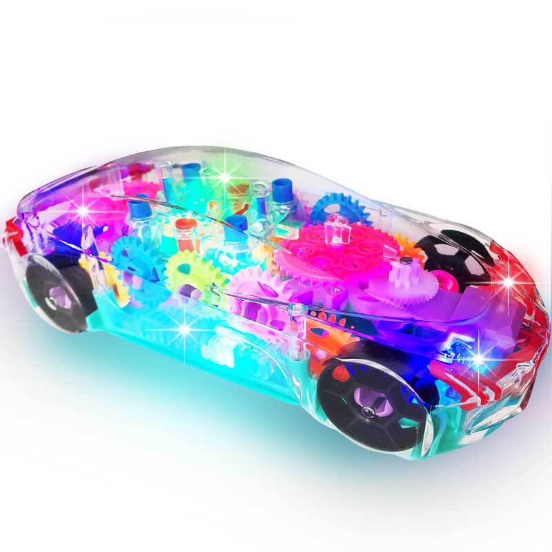 Musical transparent gear car, an engaging light-up educational activity toy for young children and toddlers.