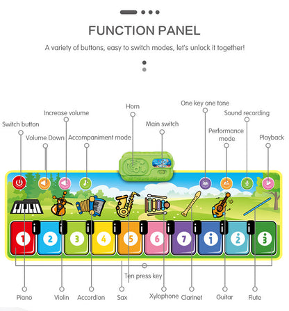 Overhead shot of a musical piano play mat, showcasing its large size and design for kids