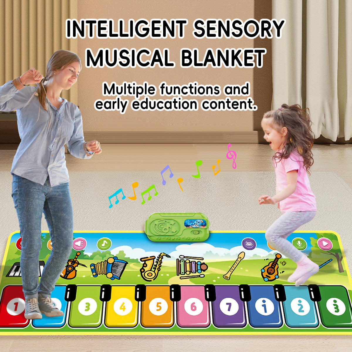 Happy child dancing on a musical piano play mat, promoting rhythm and movement