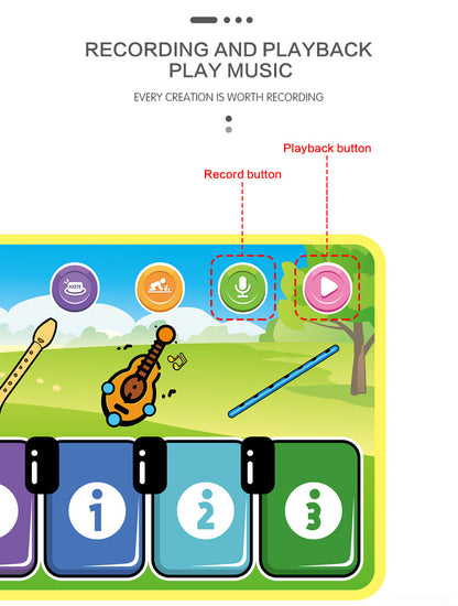 Kids' activity mat: musical piano play mat on a living room floor, ideal for playtime
