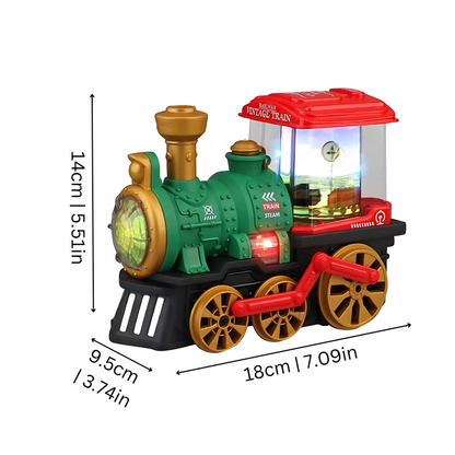Toddler actively playing with a colorful musical steam train toy featuring bright LED lights and sounds