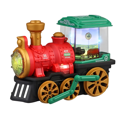 Close-up of the durable ABS plastic steam train toy, highlighting LED lights and musical features