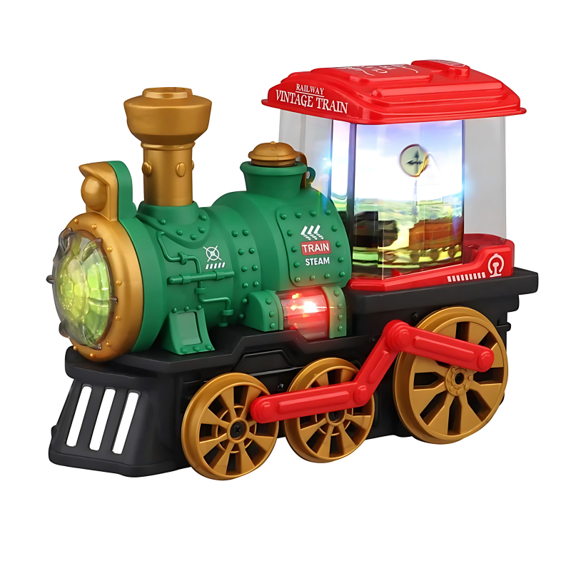 Educational children's gift: a vibrant steam train toy with LED lights, promoting active play and motor skills