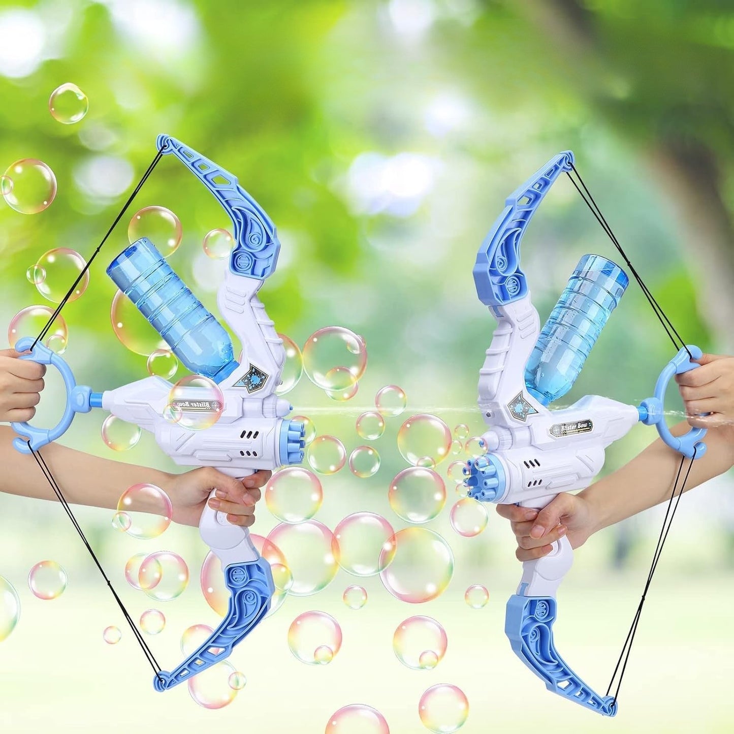 Kids outdoor 2-in-1 bow bubble machine & water blaster toy for summer fun