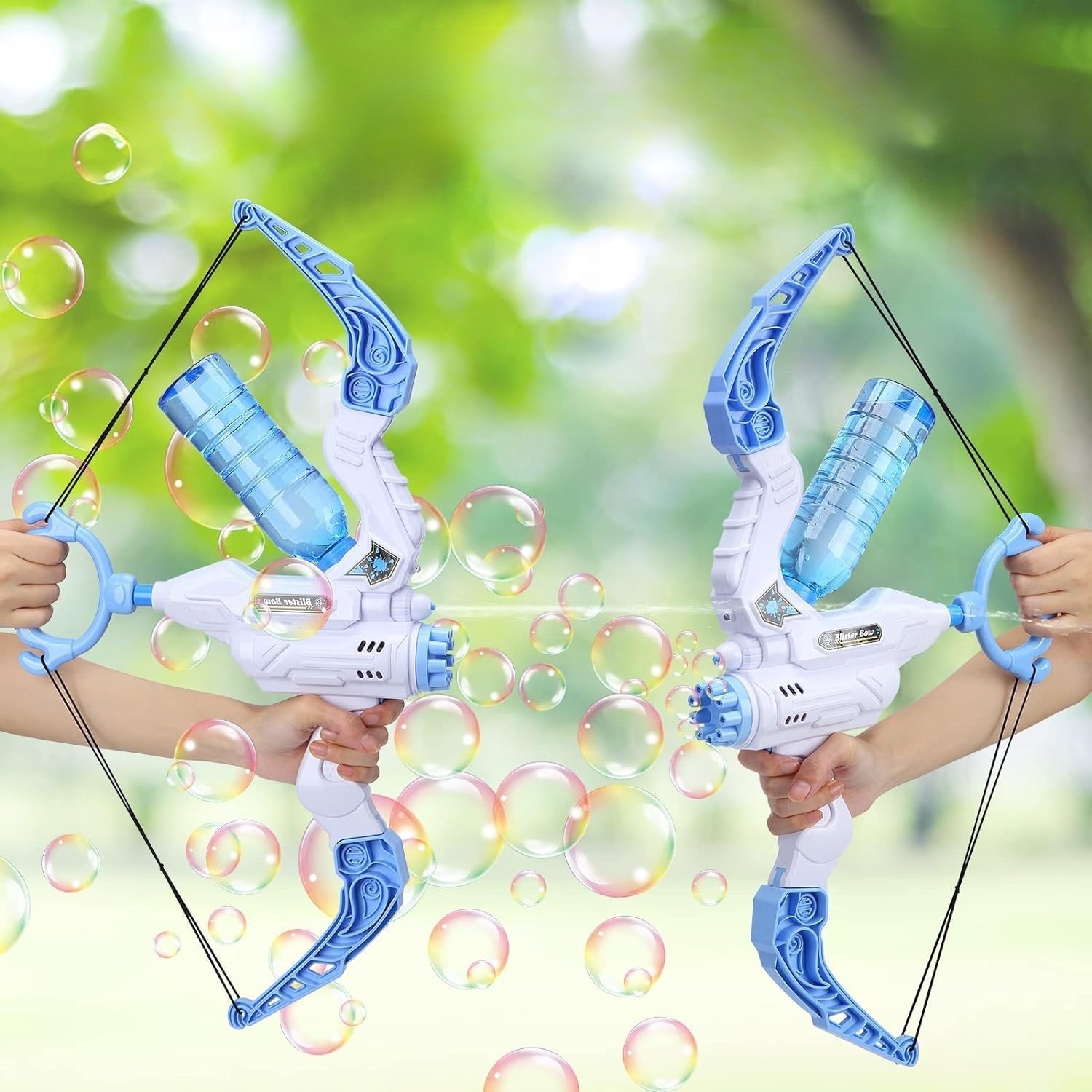 Kids outdoor 2-in-1 bow bubble machine & water blaster toy for summer fun
