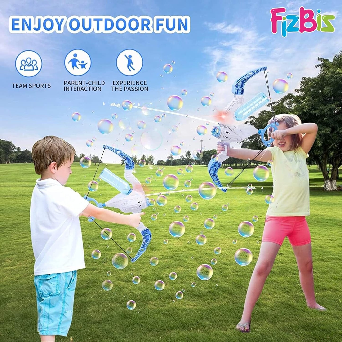 Child playing with green bow bubble machine water blaster, making bubbles