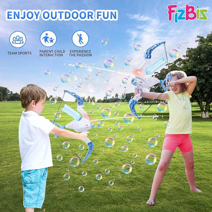 Child playing with green bow bubble machine water blaster, making bubbles