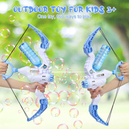 Boy aiming a multi-functional kids' bow bubble machine water gun outdoors