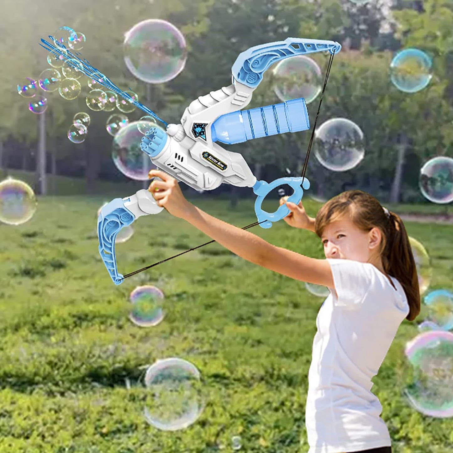 Innovative children's bow toy, combining bubble machine and water gun features